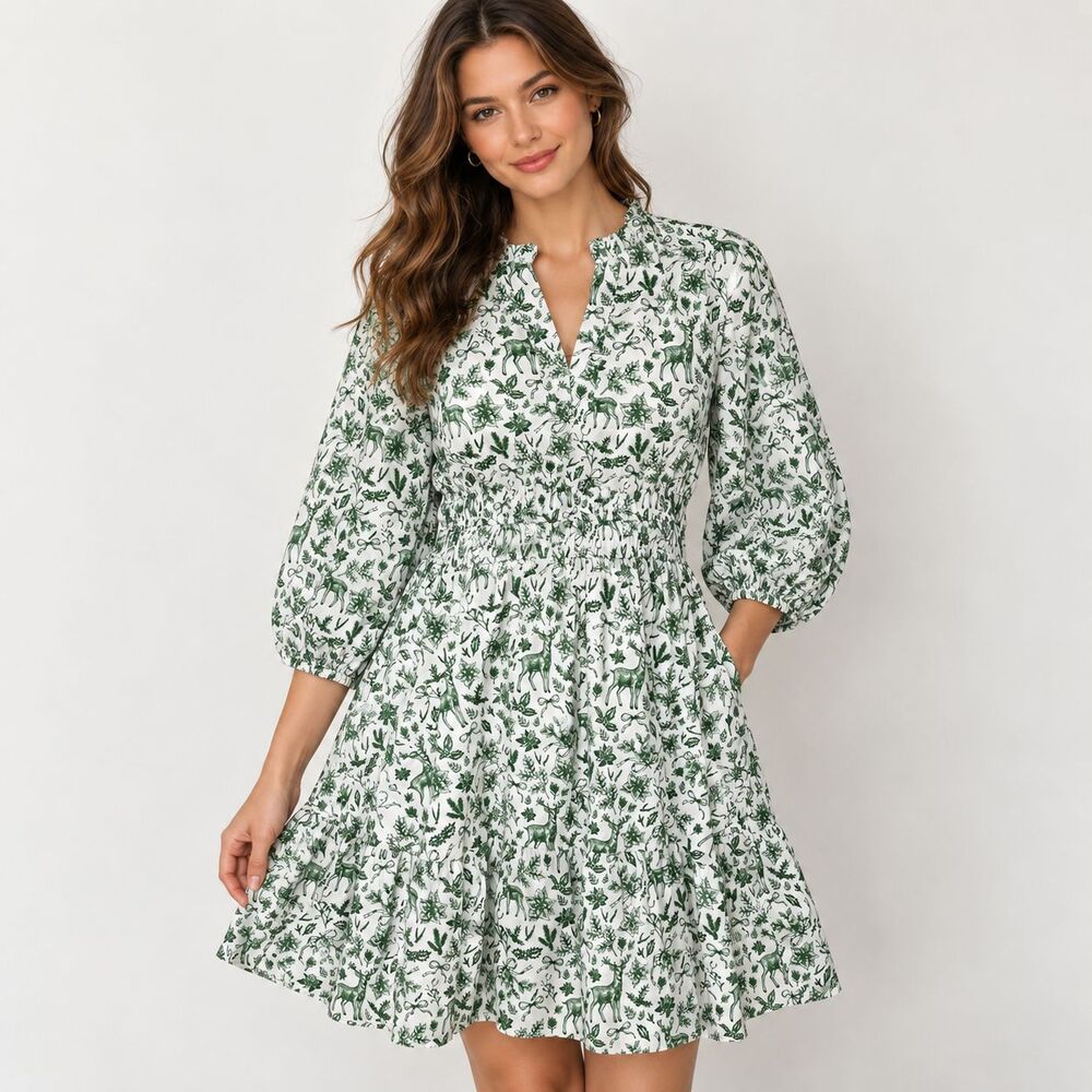 Shop The Mint It's Alright Green Toile Dress 1X Deer Holiday Cotton Smocked